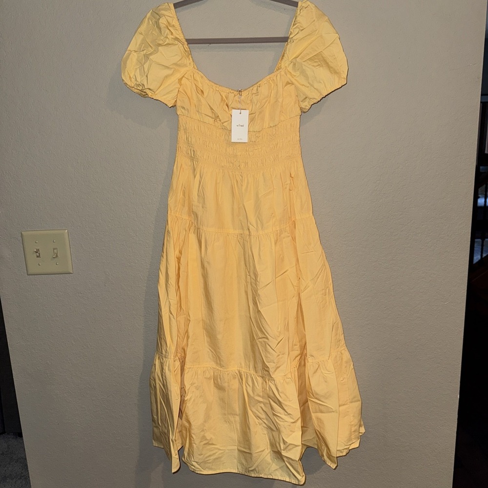 Wilfred Aritzia Allegoria Dress Sunglow Yellow Smocked Puff Sleeve Midi 116569 S